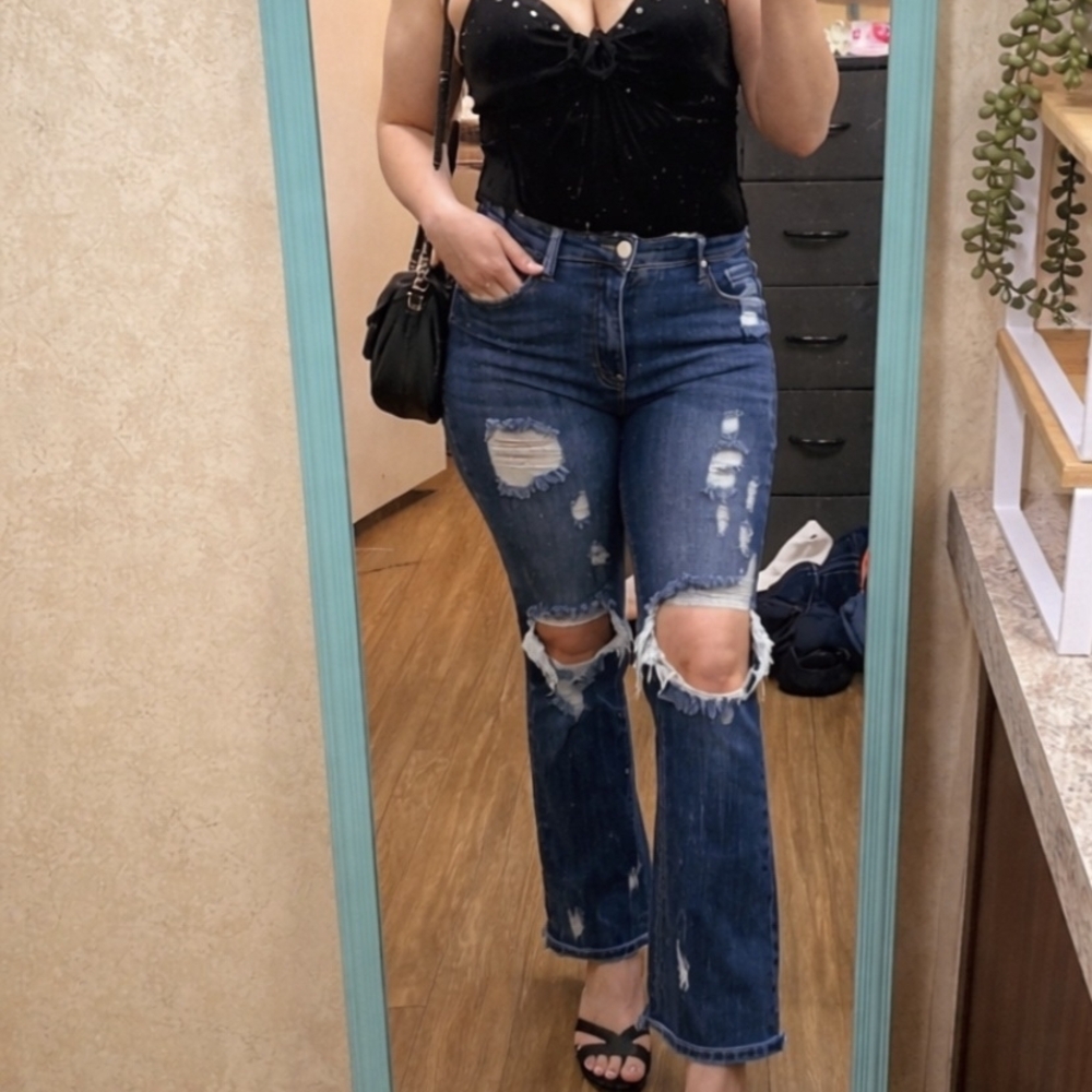 High-Rise Distressed Flare Jeans - Dark Blue